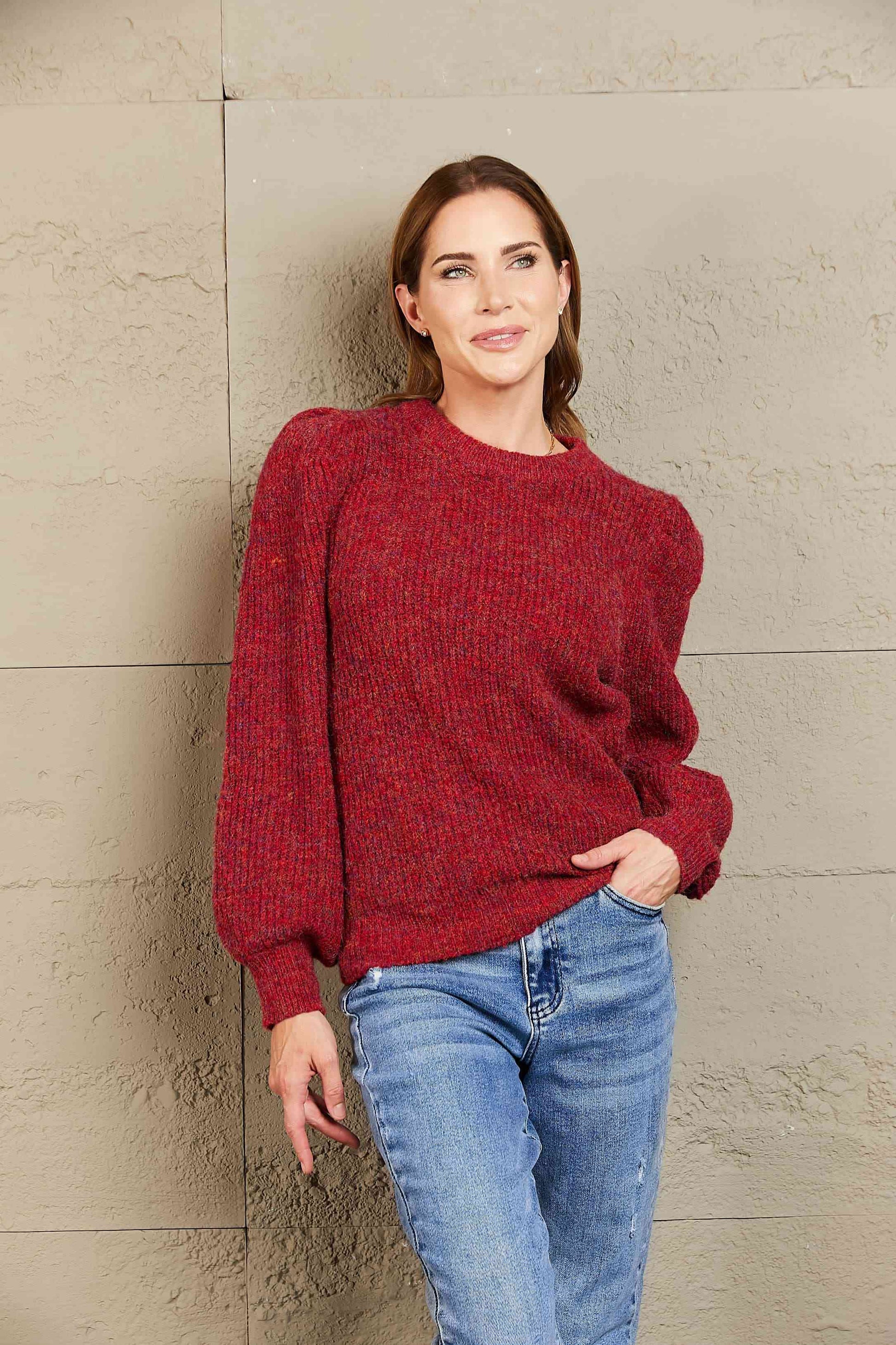 Woven Right Heathered Long Lantern Sleeve Rib-Knit Sweater Red