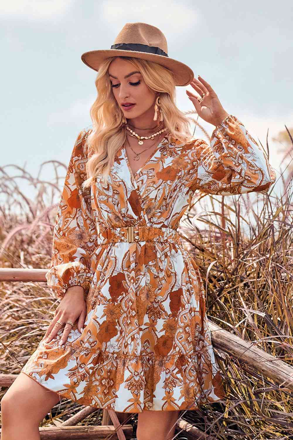 Printed Surplice Neck Long Sleeve Dress Terracotta