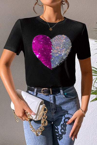 Heart Sequin Round Neck Short Sleeve T-Shirt Black