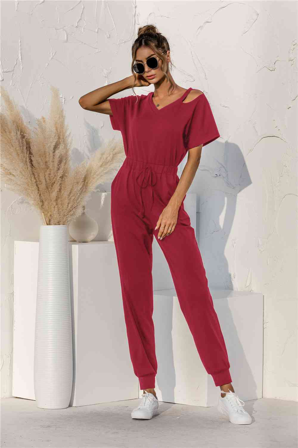 Cut Out V-neck Drawstring Jumpsuit Red