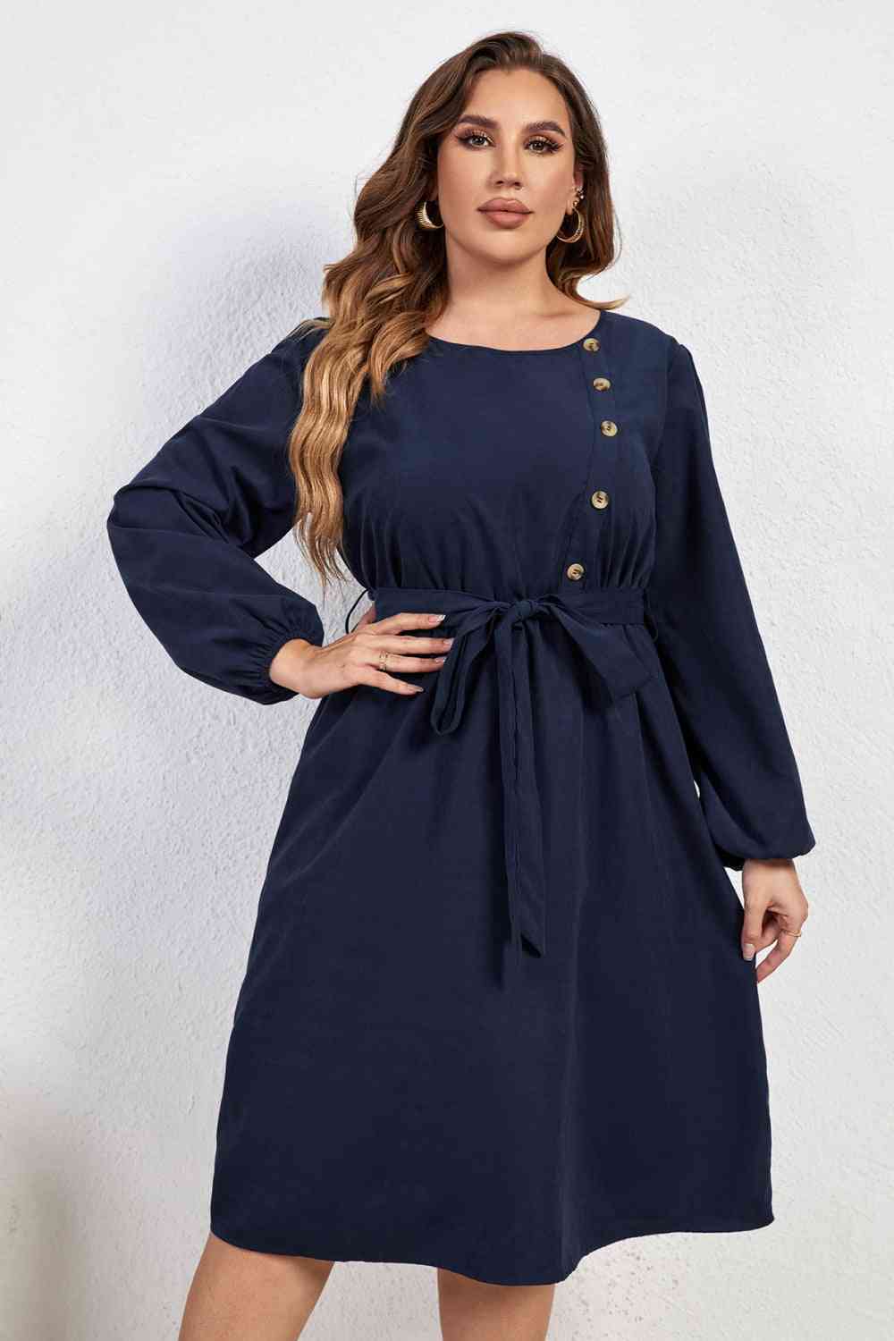 Melo Apparel Plus Size Buttoned Tie Belt Round Neck Long Sleeve Dress Navy