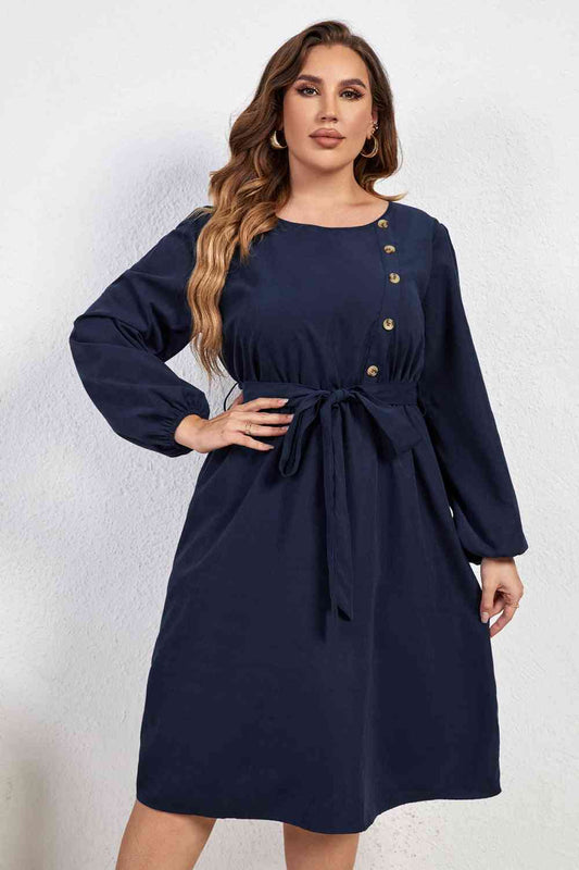 Melo Apparel Plus Size Buttoned Tie Belt Round Neck Long Sleeve Dress Navy