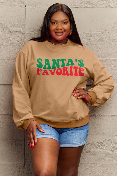 Simply Love Full Size SANTA'S FAVORITE Round Neck Sweatshirt Camel