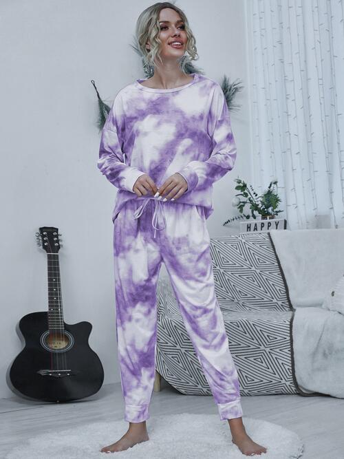 Tie-dye Round Neck Top and Drawstring Pants Lounge Set Lavender