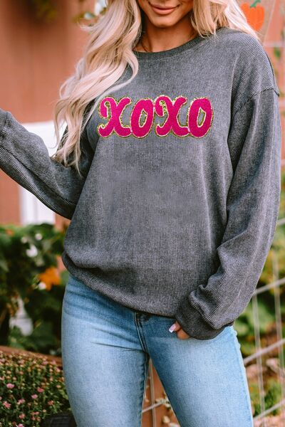 XOXO Sequin Round Neck Dropped Shoulder Sweatshirt Charcoal
