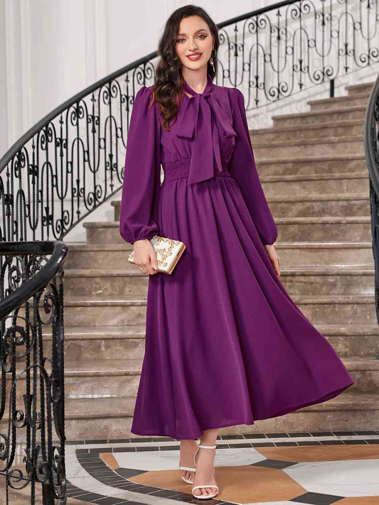 Tie-Neck Balloon Sleeve Dress Violet