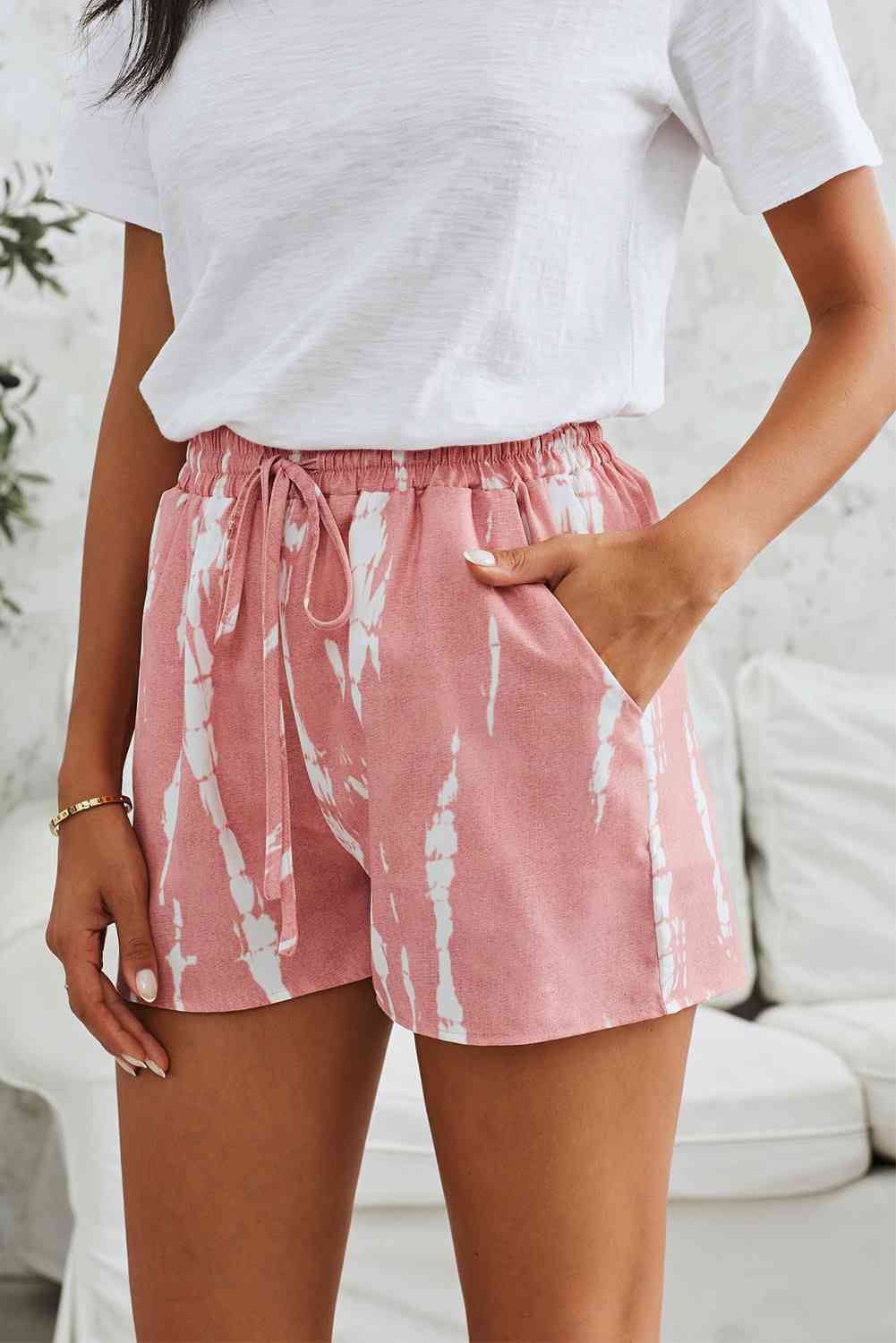 Tie-Dye Drawstring Waist Shorts with Pockets Pink