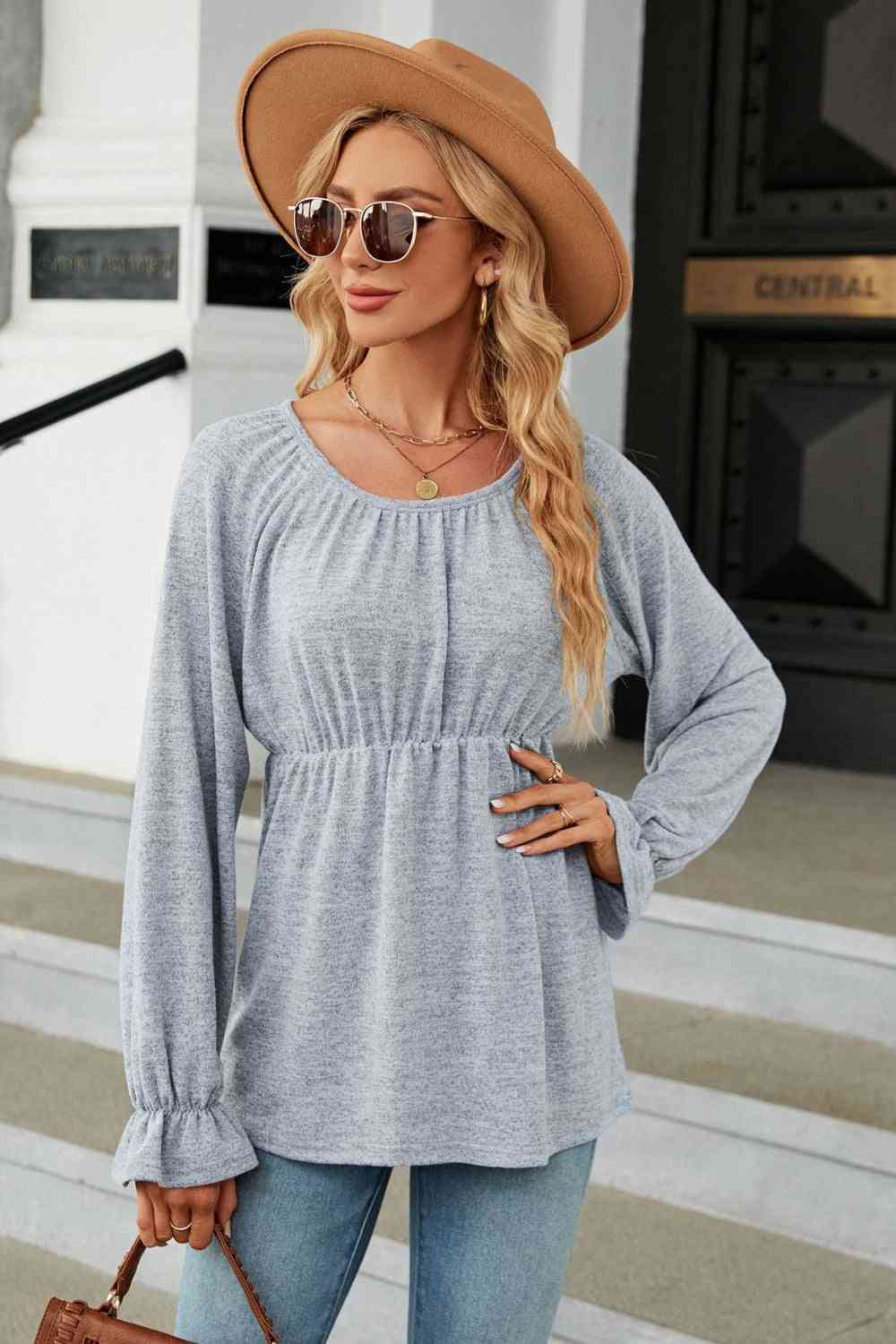 Round Neck Flounce Sleeve Blouse Misty Blue