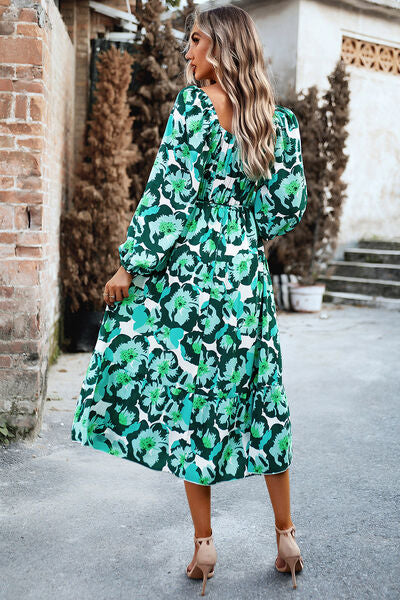 Printed Balloon Sleeve Pocketed Midi Dress