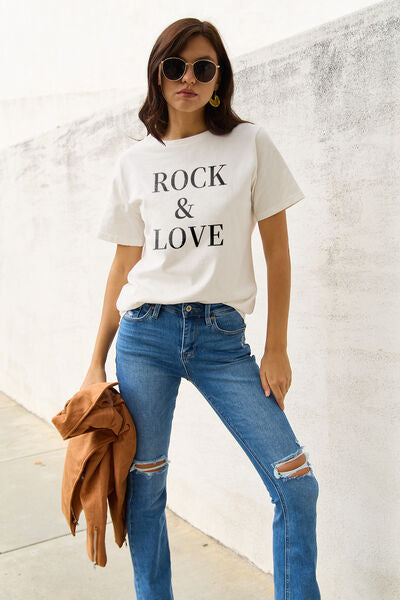 Simply Love Full Size ROCK ＆ LOVE Short Sleeve T-Shirt White