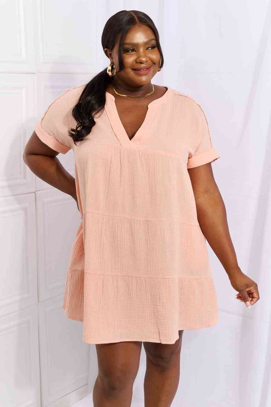 HEYSON Easy Going Full Size Gauze Tiered Ruffle Mini Dress Peach