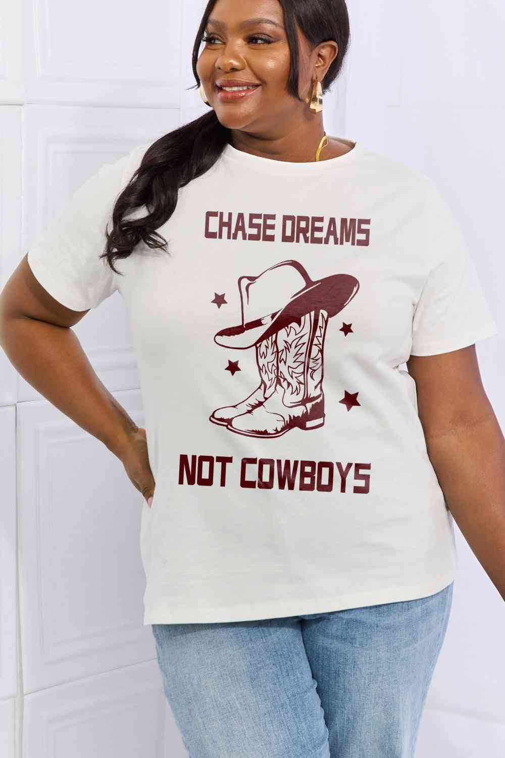 Simply Love Simply Love Full Size CHASE DREAMS NOT COWBOYS Graphic Cotton Tee Bleach