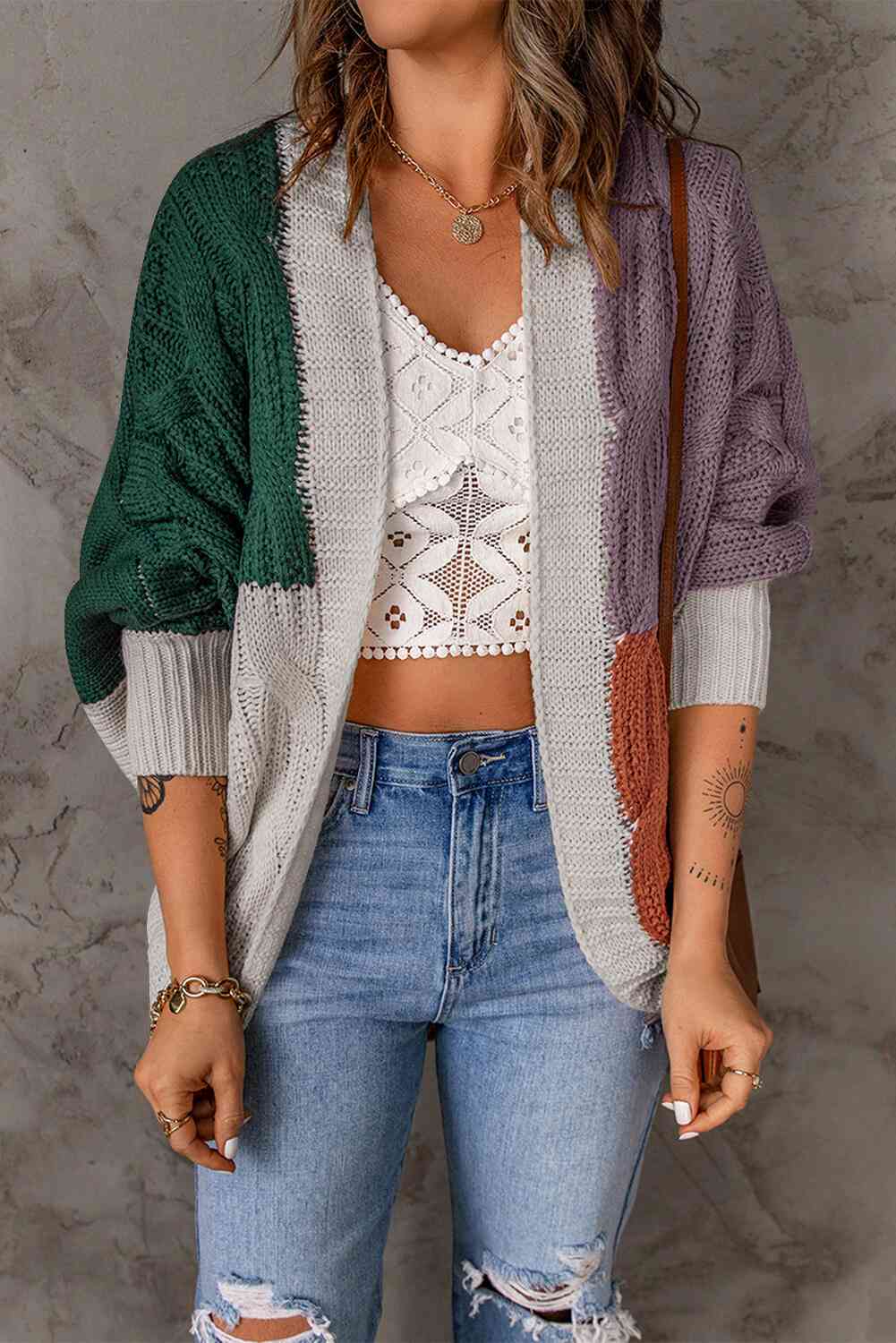 Woven Right Color Block Cable-Knit Batwing Sleeve Cardigan Green/Lilac