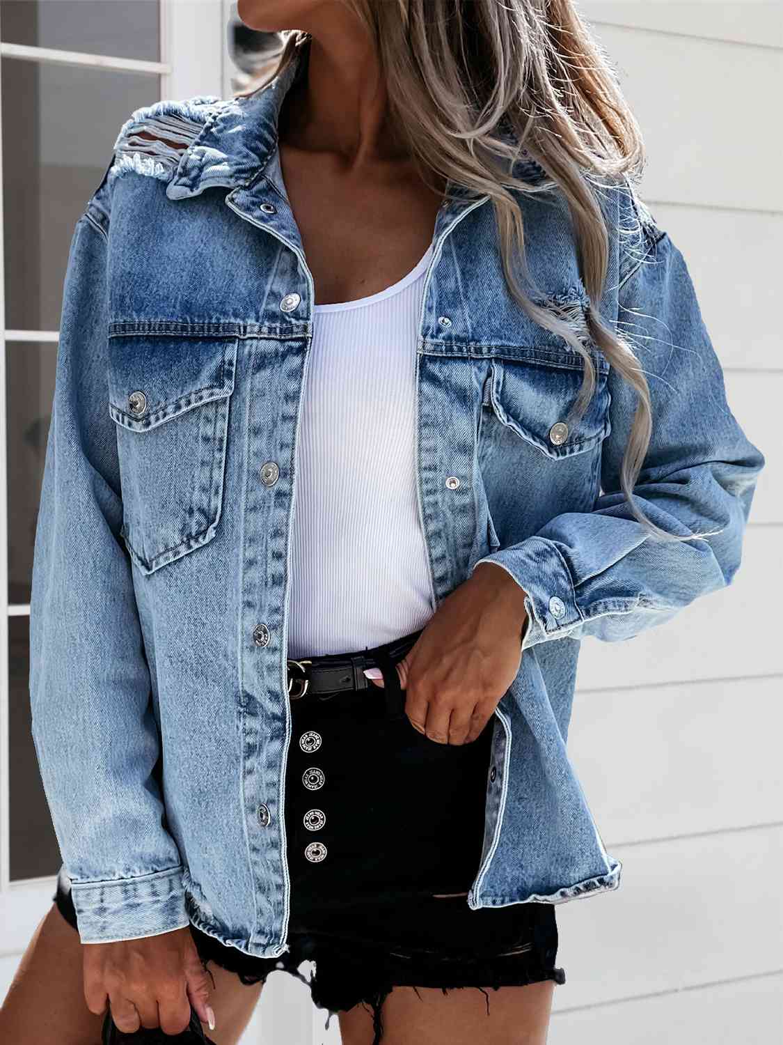 Distressed Snap Down Denim Jacket Medium