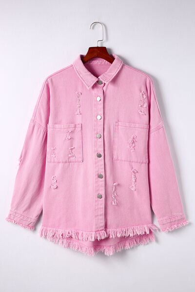 Distressed Button Up Raw Hem Denim Jacket Carnation Pink