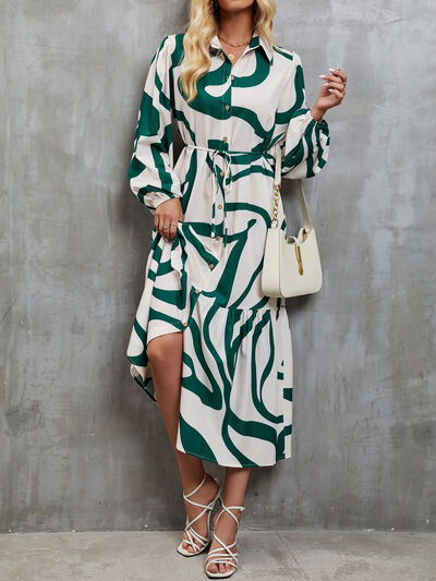 Tied Button Up Balloon Sleeve Dress Green