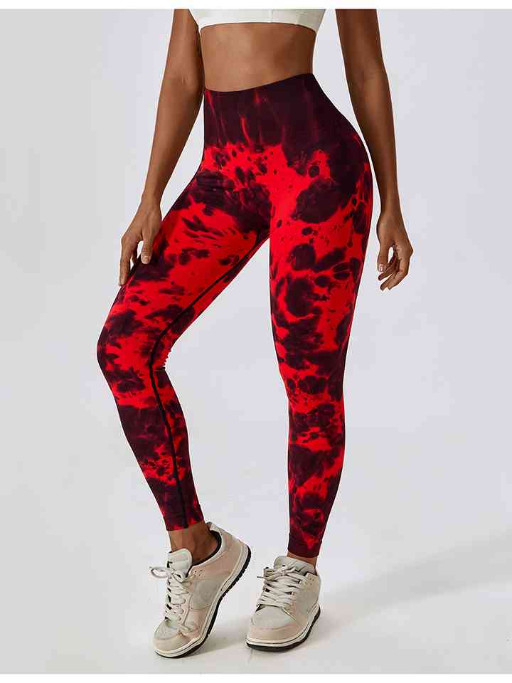 Tie Dye Wide Waistband Active Leggings Red