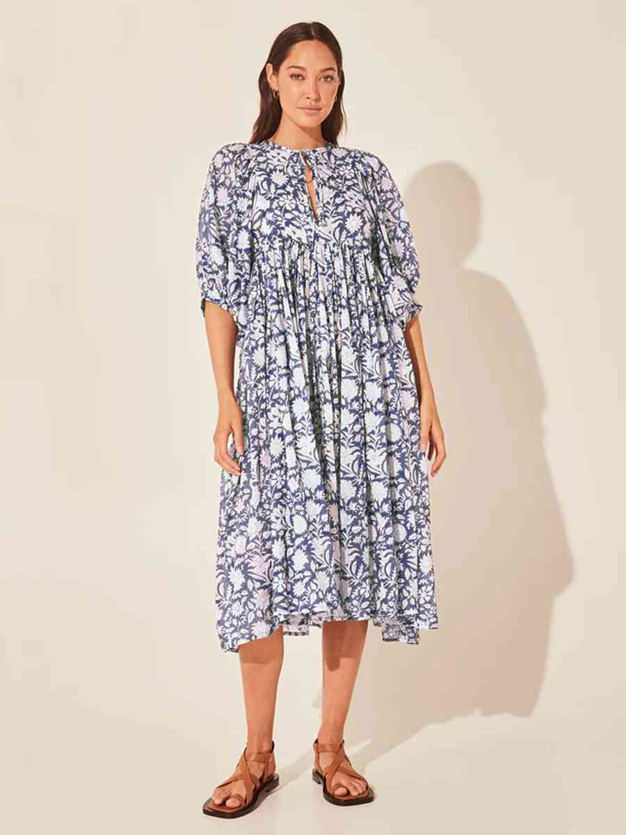 Floral Tie Neck Lantern Sleeve Dress Dark Navy