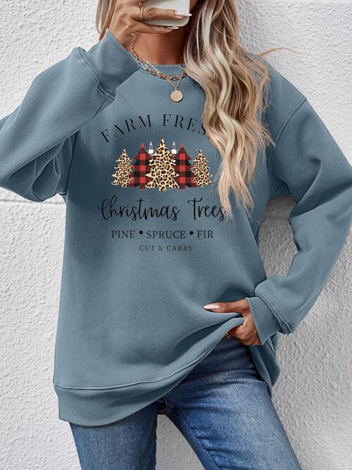 Graphic Round Neck Long Sleeve Sweatshirt French Blue