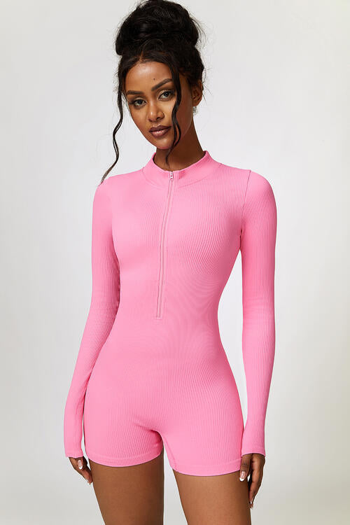 Half Zip Long Sleeve Active Romper Fuchsia Pink