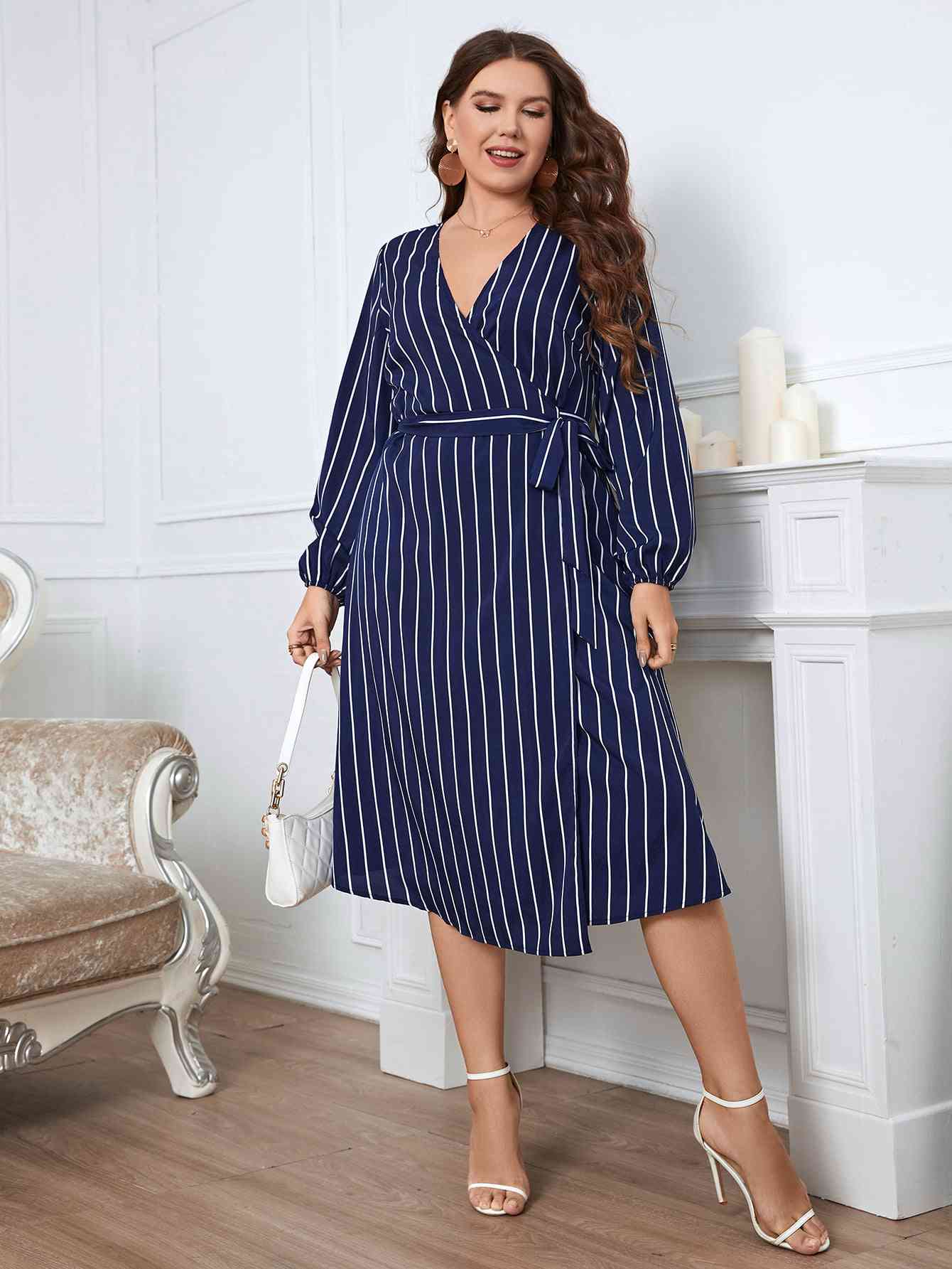 Melo Apparel Plus Size Striped Surplice Neck Long Sleeve Dress Navy