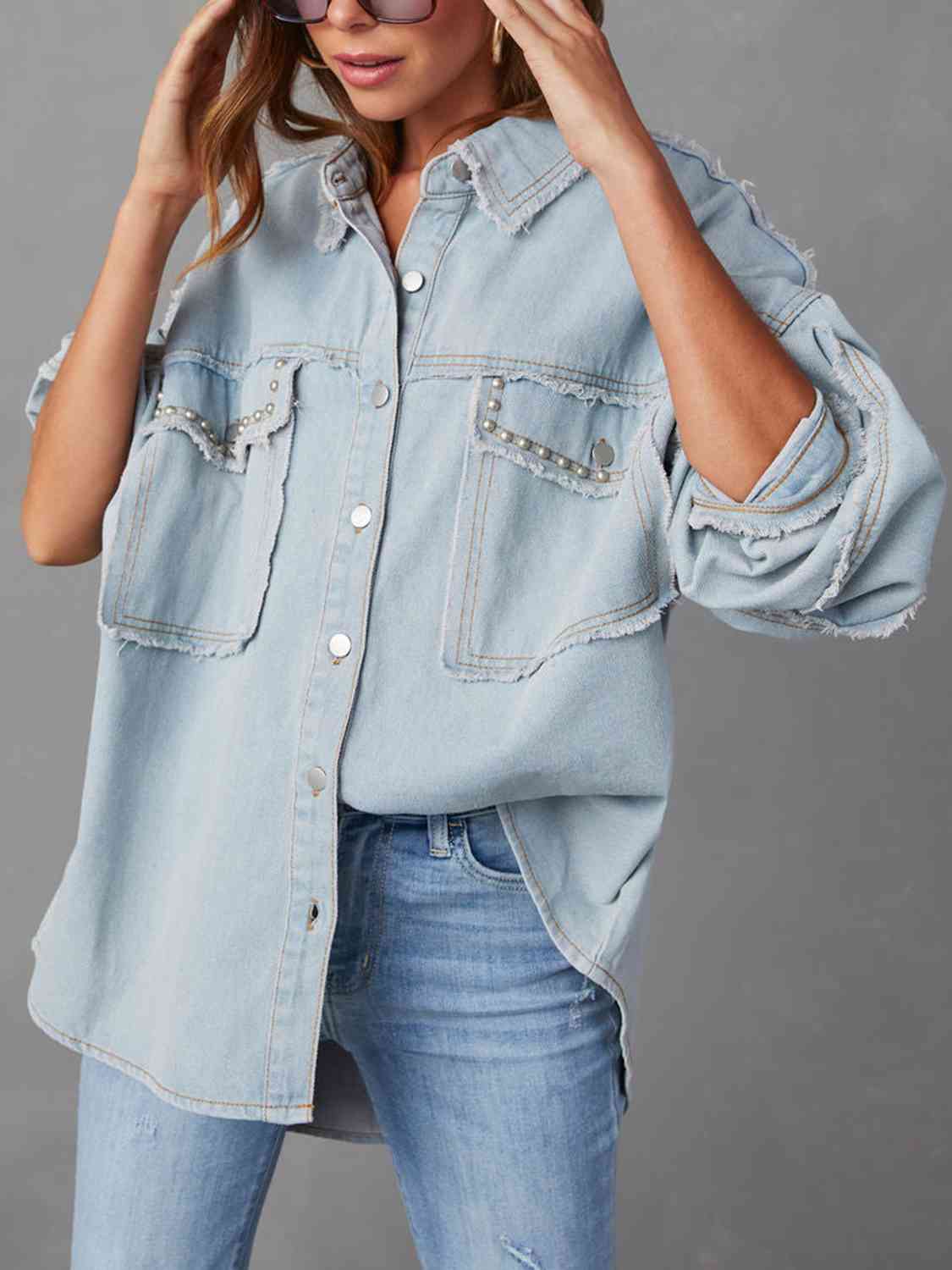 Button Down Raw Hem Denim Jacket Misty Blue