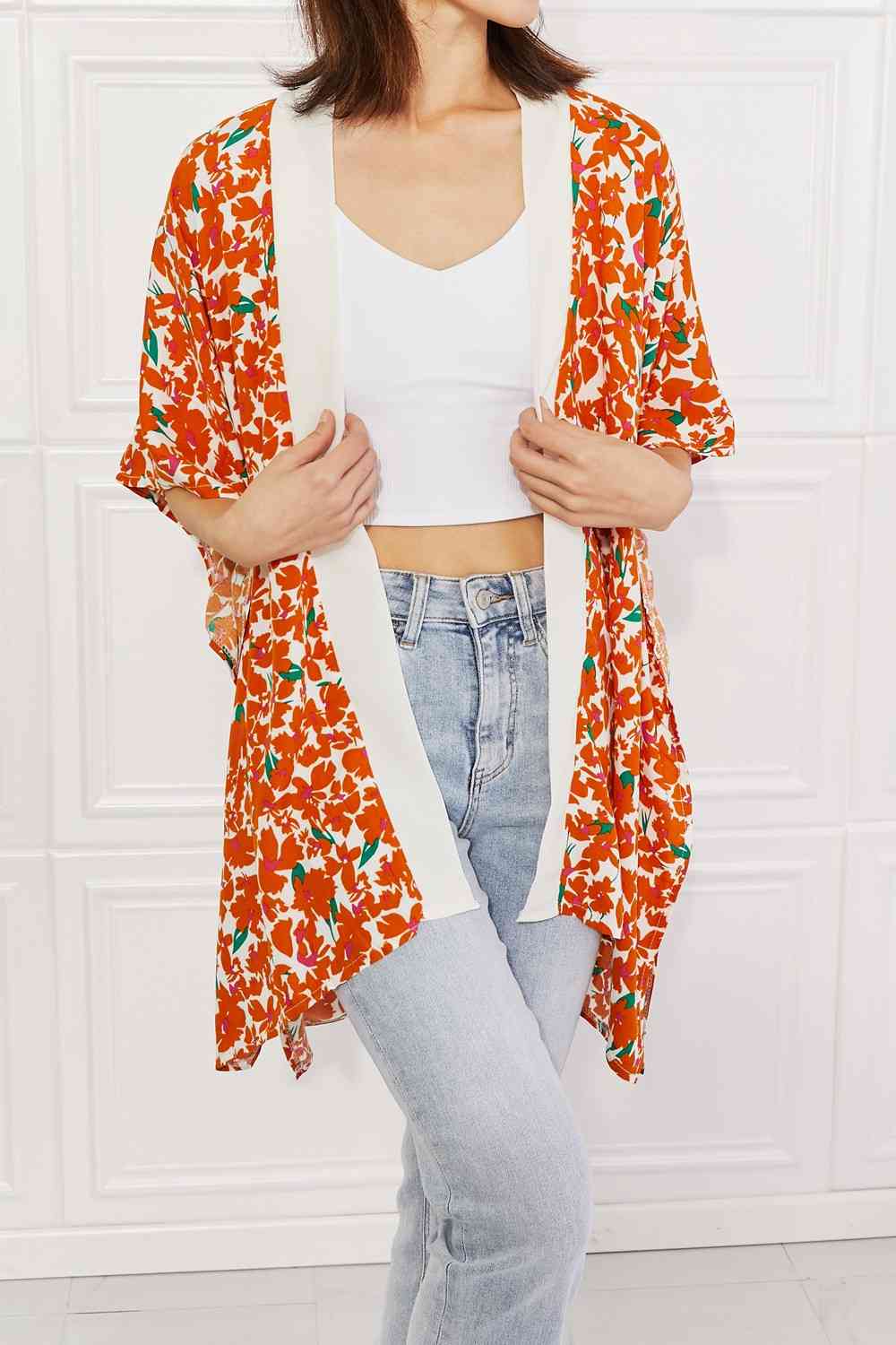 Justin Taylor Citrus Blossom Floral Contrast Trim Kimono Orange One Size