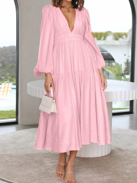 Deep V-Neck Balloon Sleeve Plain Maxi Dress Blush Pink