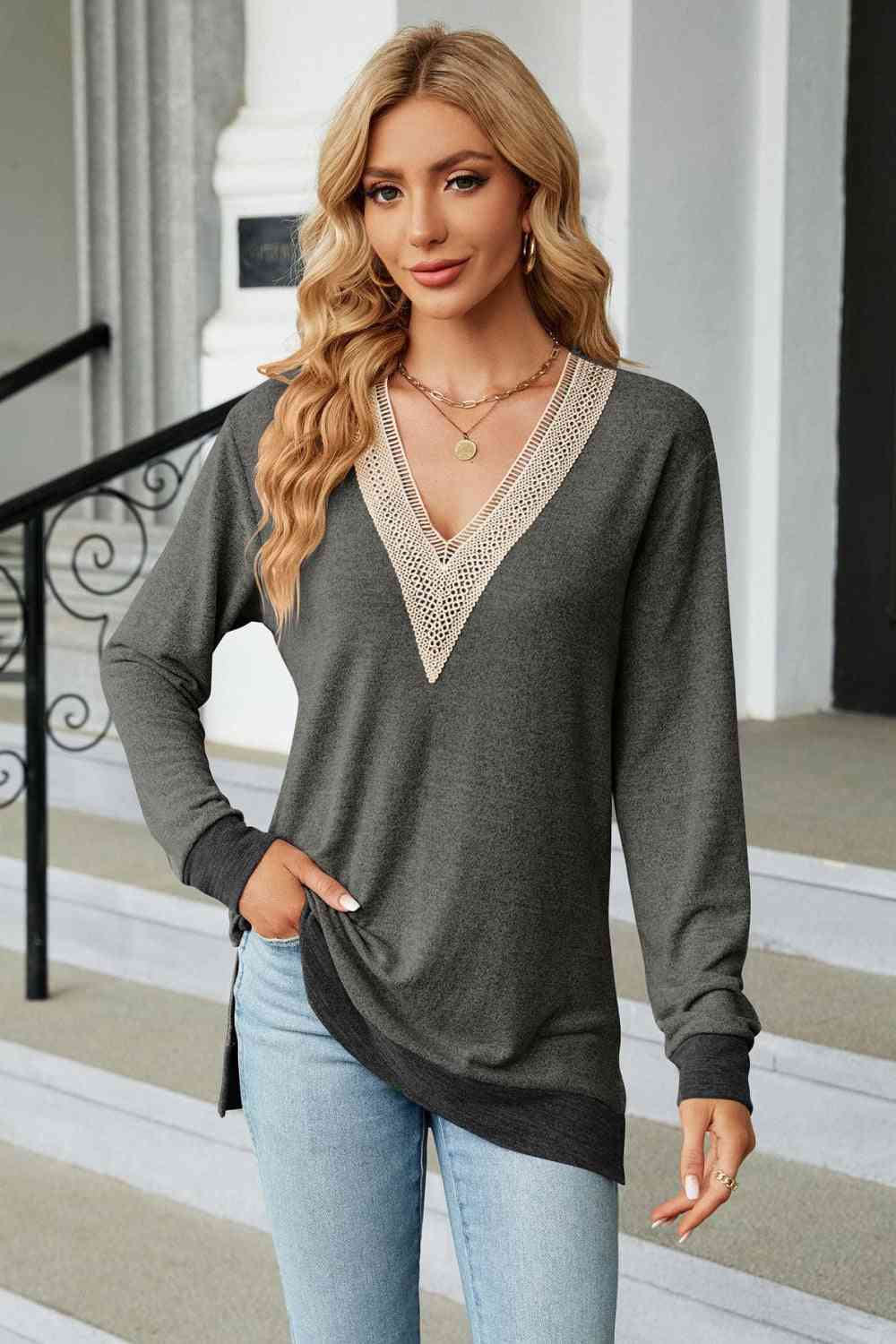 V-Neck Long Sleeve T-Shirt Charcoal