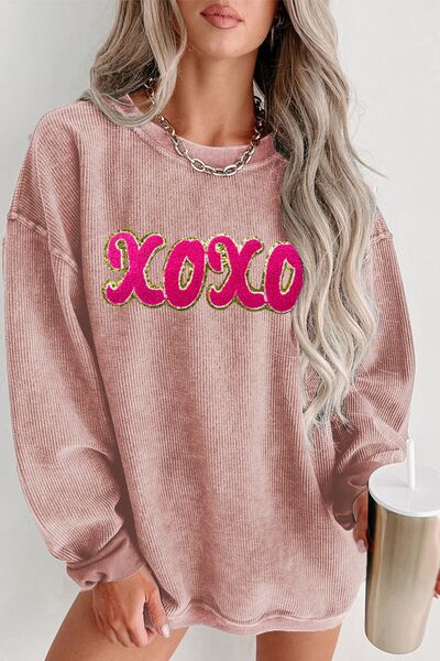 XOXO Sequin Round Neck Dropped Shoulder Sweatshirt Dusty Pink