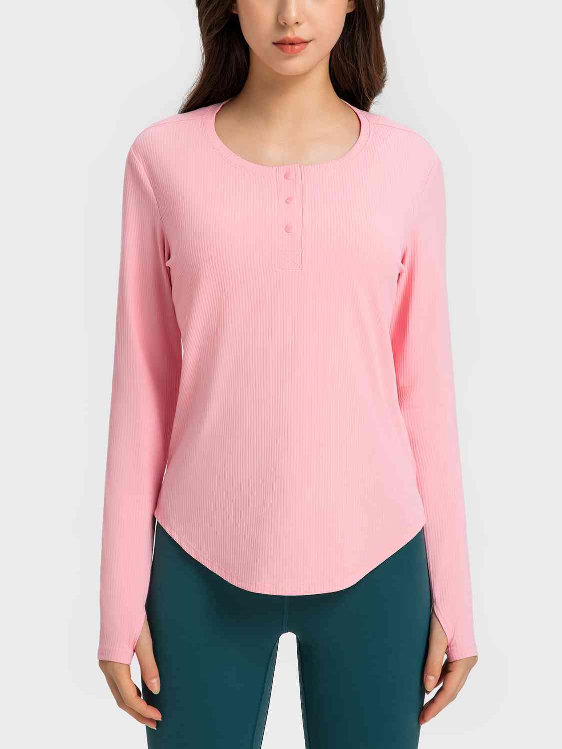 Round Neck Long Sleeve Sport Top Blush Pink