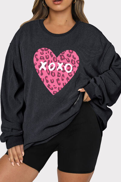 Plus Size XOXO Heart Round Neck Long Sleeve Sweatshirt Black