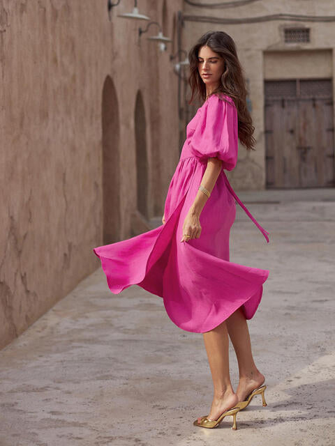 Surplice Balloon Sleeves Tied Dress Hot Pink