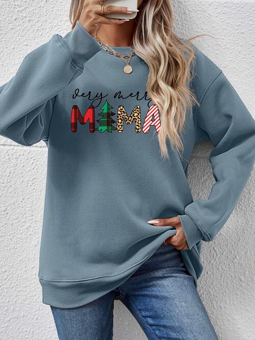 Letter Graphic Round Neck Long Sleeve Sweatshirt French Blue