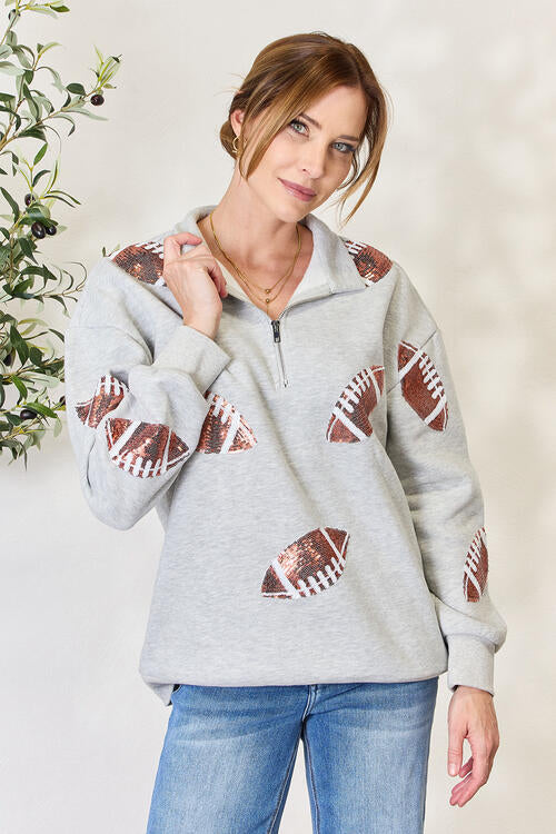 Double Take Full Size Sequin Football Half Zip Long Sleeve Sweatshirt Light Gray