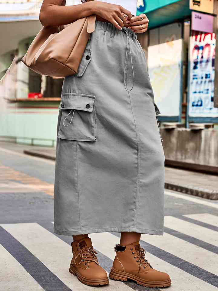 Drawstring Waist Slit Denim Skirt Cloudy Blue