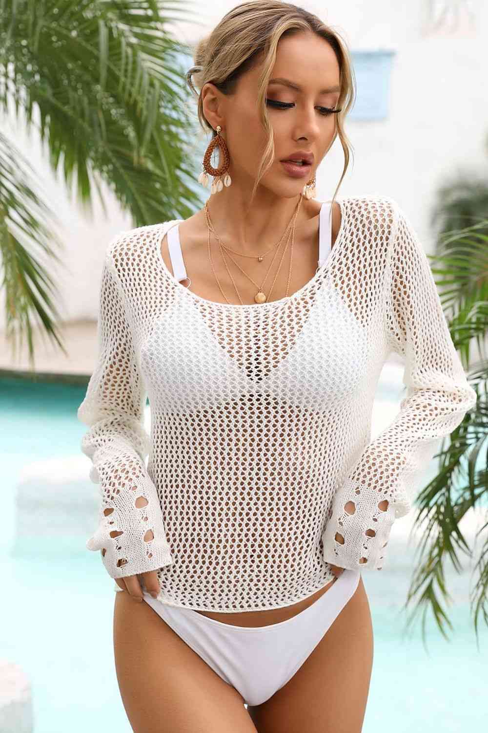 Openwork Scoop Neck Long Sleeve Cover-Up White