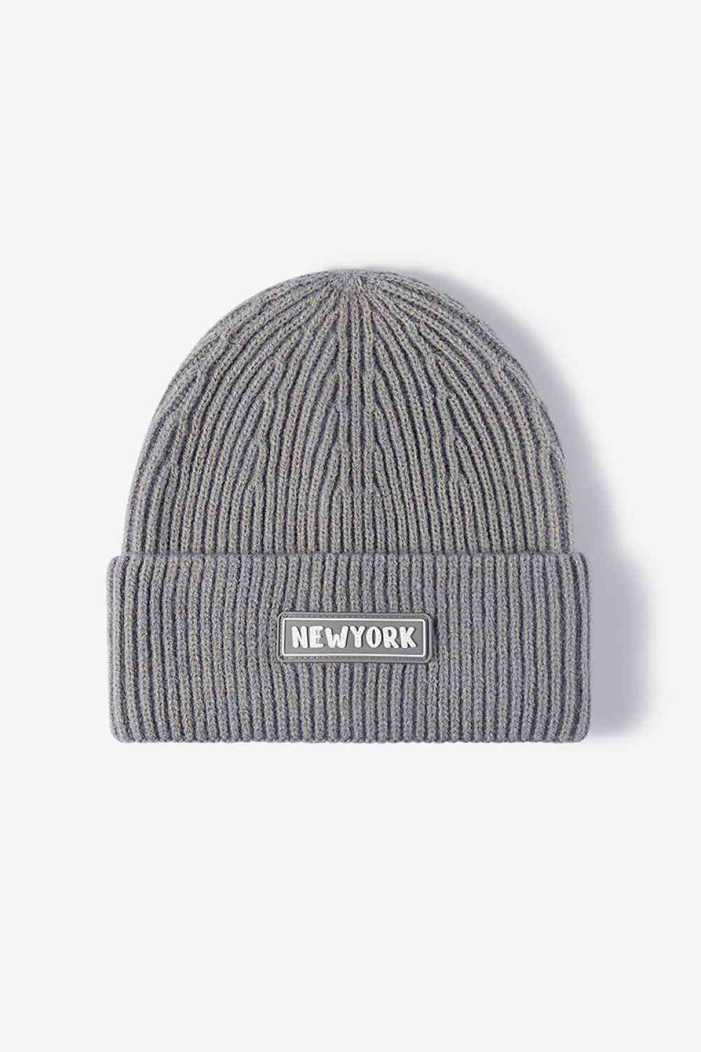 NEWYORK Patch Rib-Knit Cuffed Beanie Gray One Size