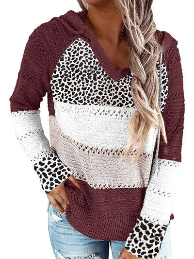 Full Size Openwork Leopard Drawstring Hooded Sweater Wine