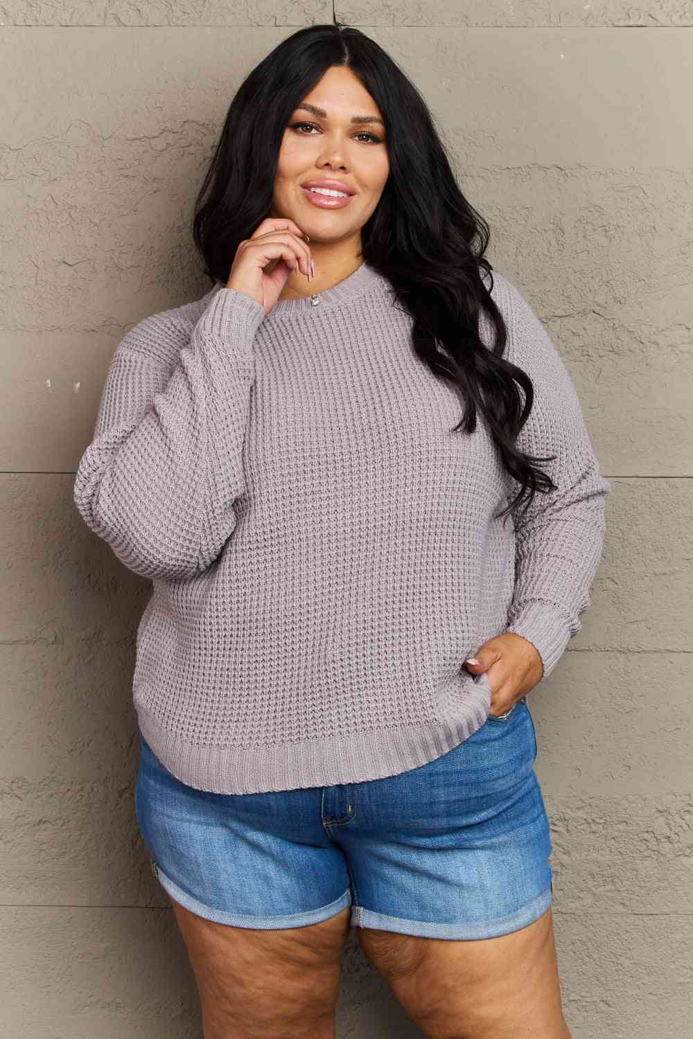 Zenana Breezy Days Plus Size High Low Waffle Knit Sweater Light Gray