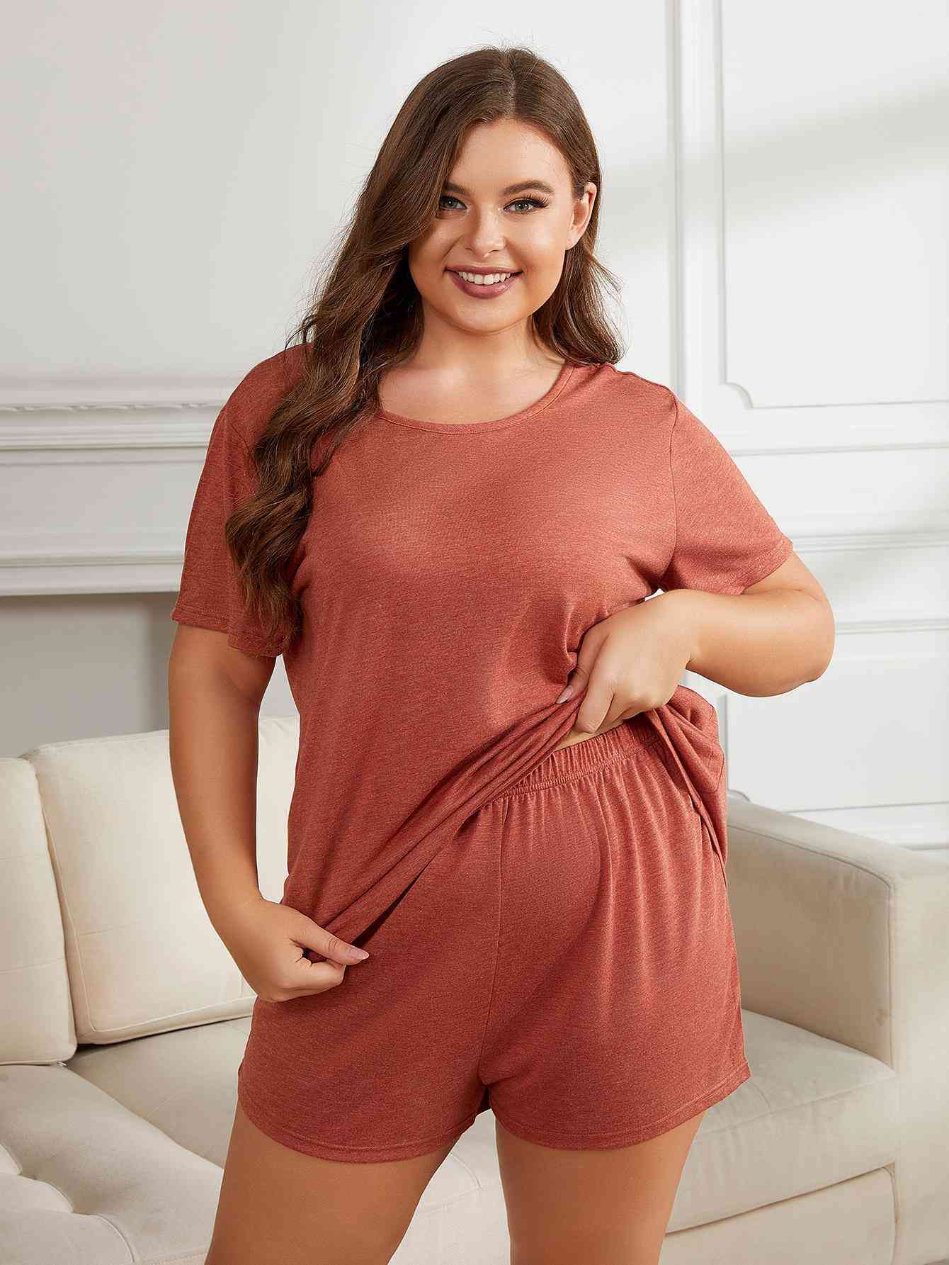 Plus Size Round Neck Short Sleeve Two-Piece Loungewear Set Brick Red