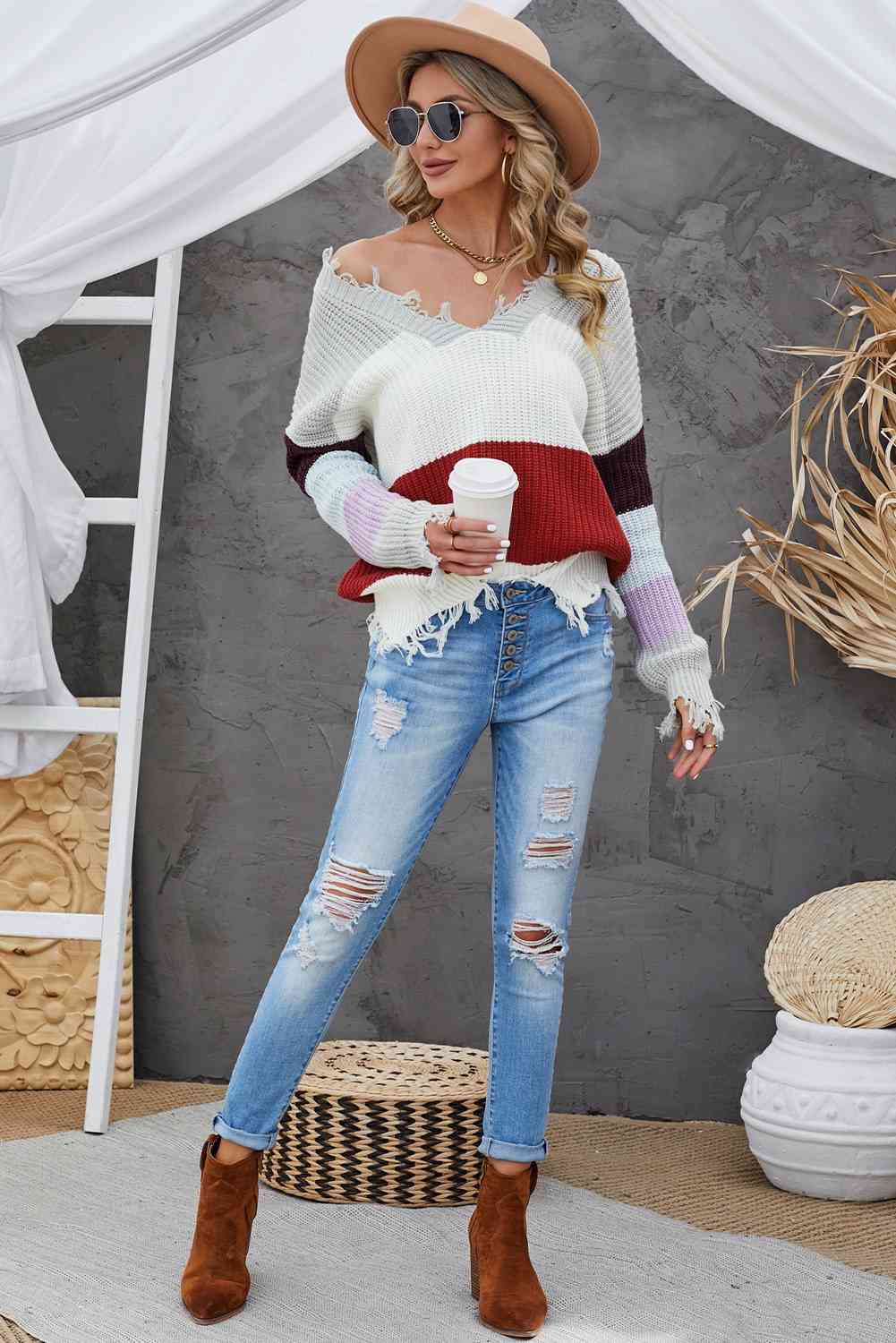 Woven Right Color Block Distressed V-Neck Ribbed Sweater