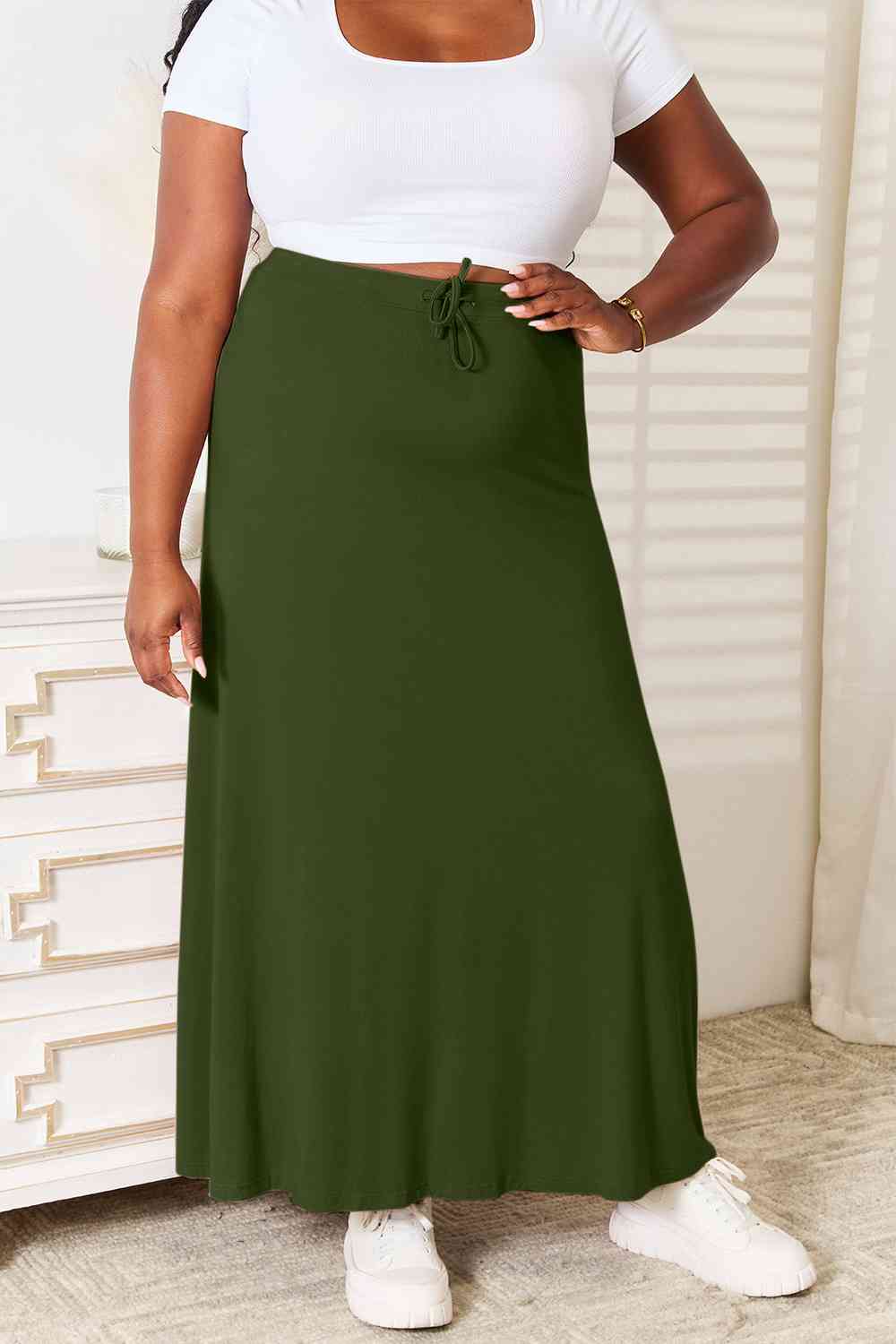 Double Take Full Size Soft Rayon Drawstring Waist Maxi Skirt Rayon Green