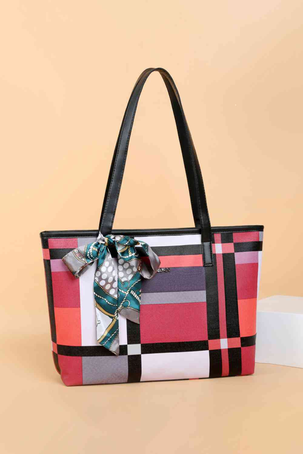 Adored Color Block Tie Detail PU Leather Tote Bag Deep Rose One Size