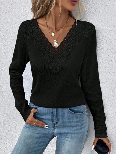 Waffle-Knit Lace Detail V-Neck Long Sleeve T-Shirt Black