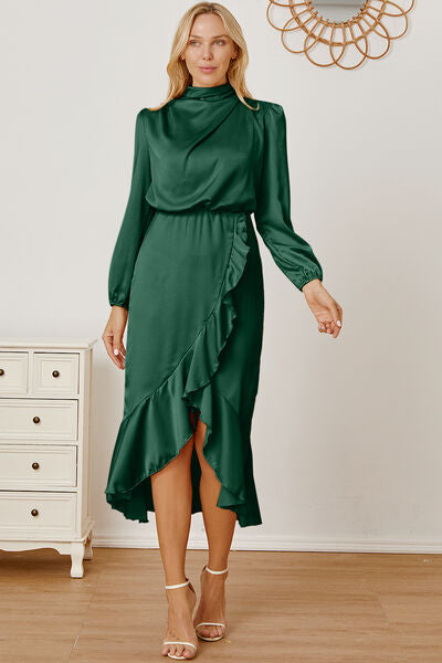 Mock Neck Ruffled Asymmetrical Dress Green