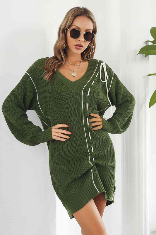 Contrast V-Neck Sweater Dress Army Green