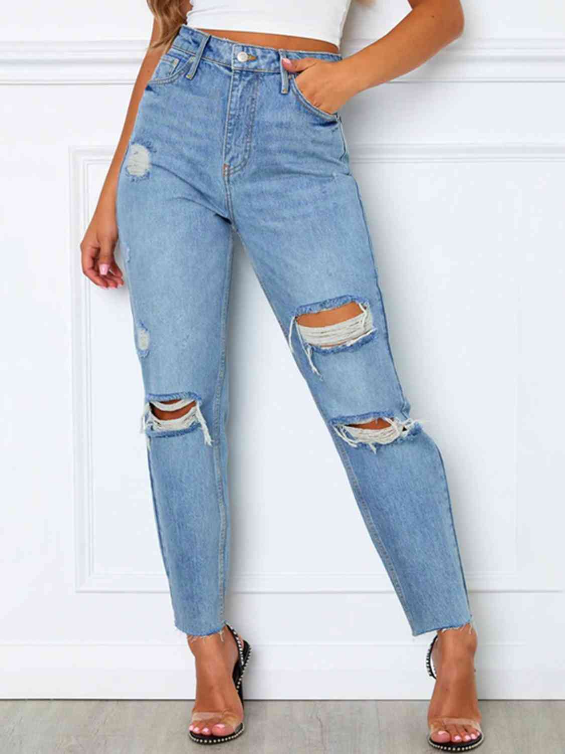 Distressed High Waist Straight Jeans Light