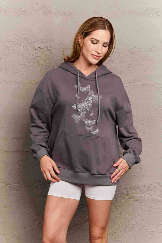 Simply Love Simply Love Full Size Dropped Shoulder Butterfly Graphic Hoodie Charcoal