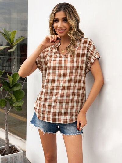 Plaid Notched Short Sleeve Blouse Caramel